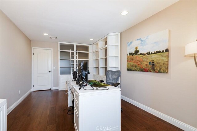 2333 N Coronet Ct, Covina, CA 91724 - office featuring baseboards, dark wood-style flooring, and recessed lighting