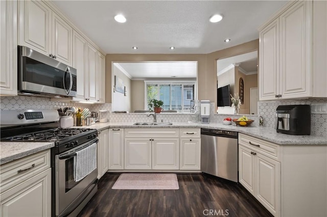 kitchen with dark wood-style flooring, tasteful backsplash, a sink, stainless steel appliances, and ornamental molding