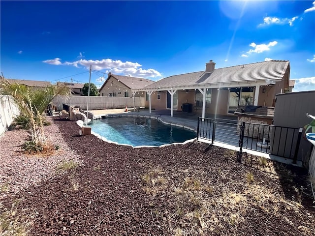 view of pool with a patio area, a fenced backyard, a fenced in pool, and central AC unit