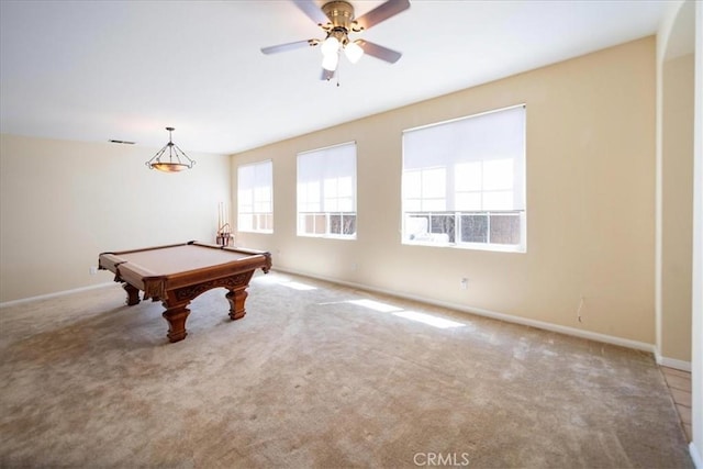 391 Camino Carta, San Marcos, CA 92078 - rec room with baseboards, billiards, carpet flooring, a ceiling fan, and visible vents