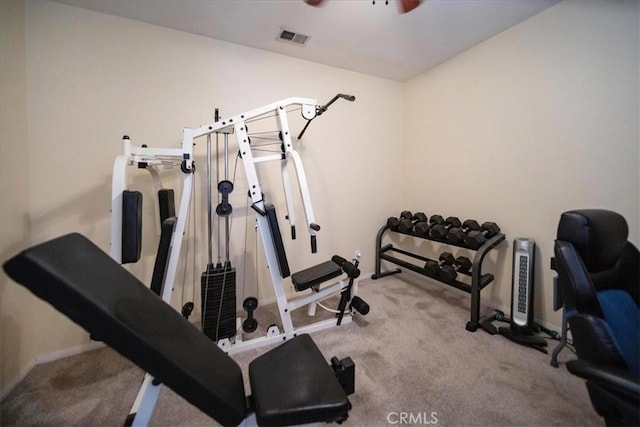 391 Camino Carta, San Marcos, CA 92078 - exercise room with visible vents, baseboards, a ceiling fan, and carpet