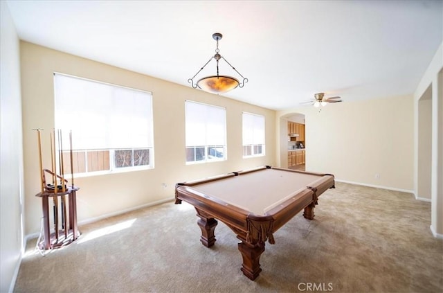 391 Camino Carta, San Marcos, CA 92078 - playroom with carpet, arched walkways, a ceiling fan, baseboards, and billiards