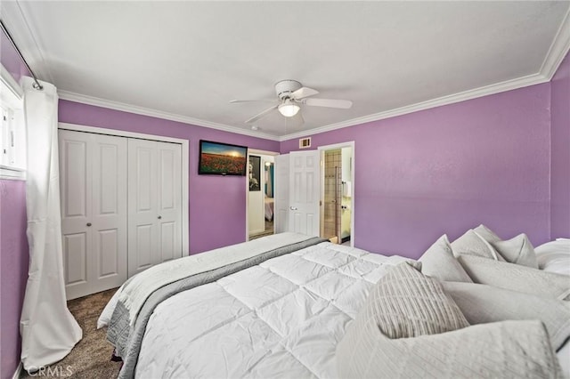 bedroom with carpet floors, visible vents, ornamental molding, and a closet