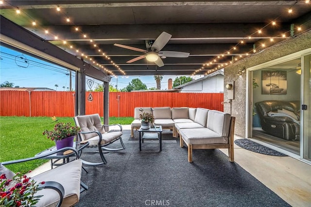 view of patio / terrace with an outdoor hangout area, a ceiling fan, and a fenced backyard