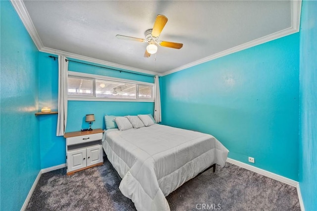 bedroom featuring crown molding, baseboards, and dark carpet