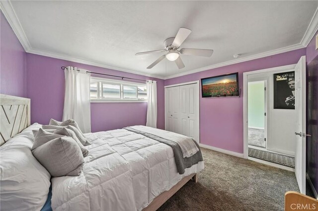 bedroom featuring carpet flooring, crown molding, ceiling fan, and a closet