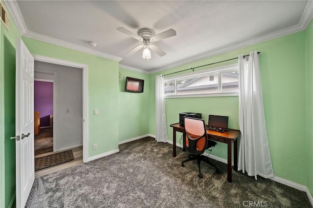 carpeted office space featuring ceiling fan, ornamental molding, and baseboards