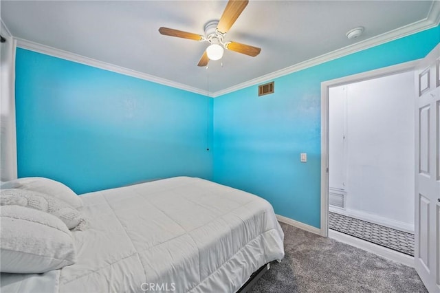 carpeted bedroom featuring crown molding, a ceiling fan, baseboards, and visible vents