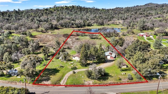 aerial view with a wooded view and a water view