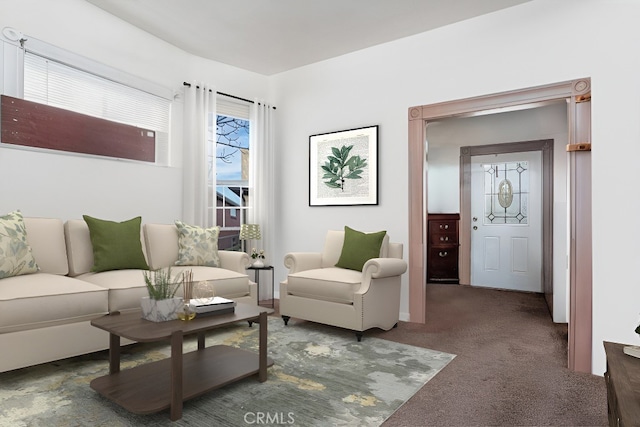 living area featuring carpet