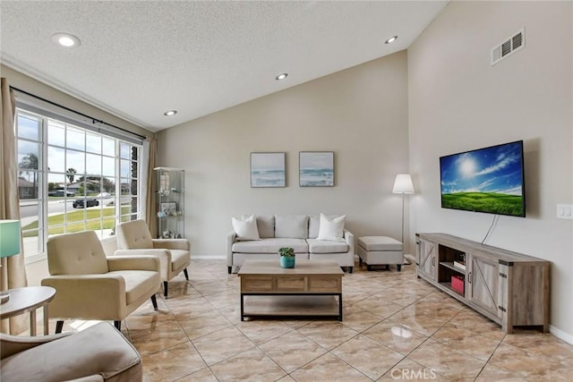 living area with baseboards, lofted ceiling, a textured ceiling, and visible vents