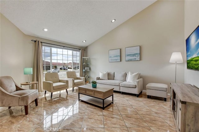 living area with baseboards, a textured ceiling, vaulted ceiling, and recessed lighting