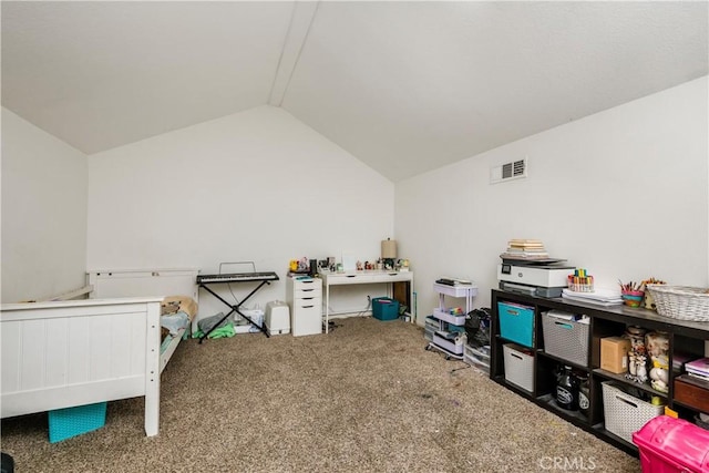 interior space featuring carpet floors, visible vents, and vaulted ceiling