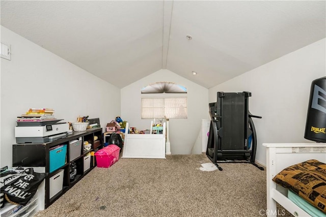 game room featuring lofted ceiling and carpet