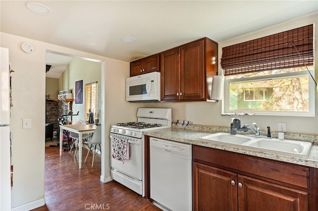 31662 Panorama Dr, Running Springs, CA 92382 - kitchen featuring white appliances, a sink, dark wood-style floors, and light countertops