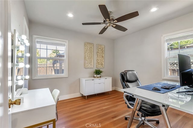 1012 S 11th St, San Jose, CA 95112 - home office with light wood-style flooring, a ceiling fan, baseboards, and recessed lighting