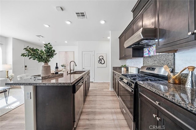 16022 Voyager Ave, Chino, CA 91708 - kitchen featuring appliances with stainless steel finishes, under cabinet range hood, a sink, light wood-type flooring, and recessed lighting