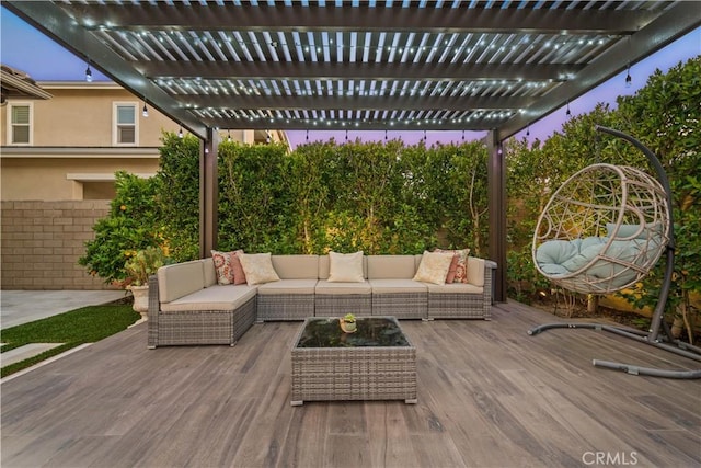 107 Balance, Irvine, CA 92618 - deck at dusk featuring outdoor lounge area and a pergola