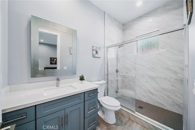 bathroom featuring toilet, a shower stall, and vanity