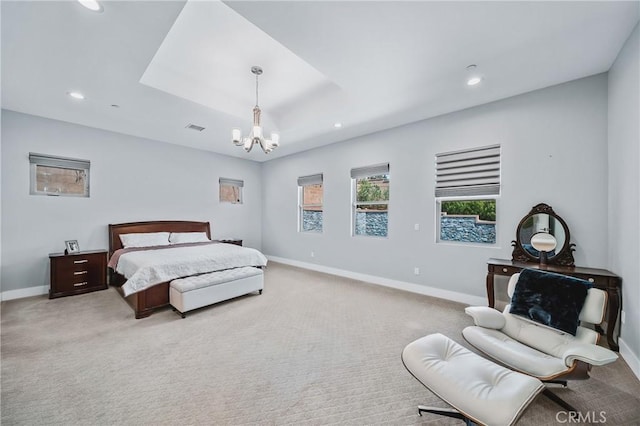 bedroom featuring a chandelier, visible vents, recessed lighting, and baseboards