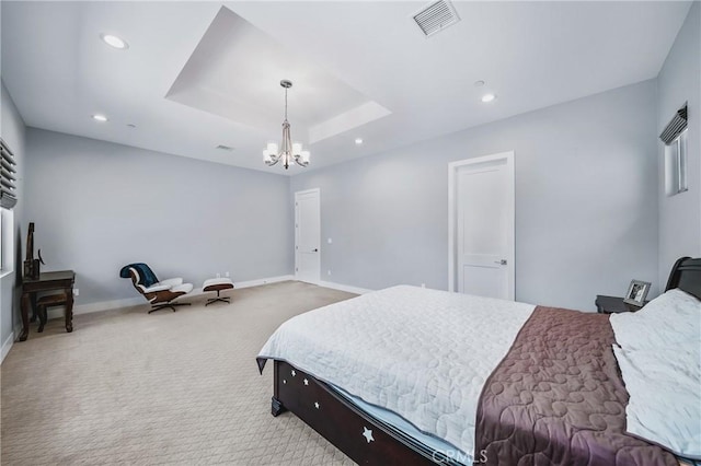 bedroom with visible vents, a chandelier, baseboards, carpet floors, and recessed lighting