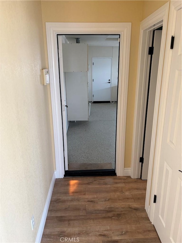 hallway featuring baseboards and dark wood-type flooring