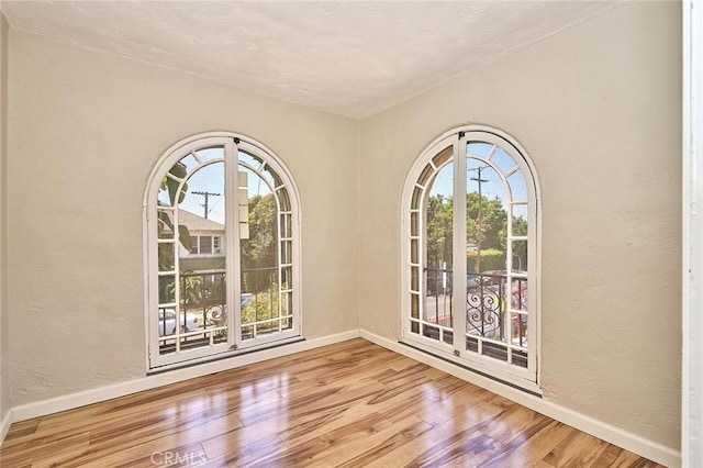 unfurnished room with a textured wall, baseboards, wood finished floors, and a healthy amount of sunlight