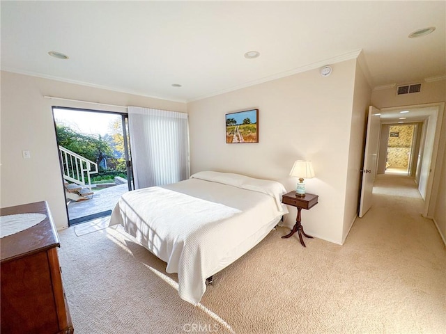 bedroom featuring ornamental molding, light colored carpet, and access to exterior