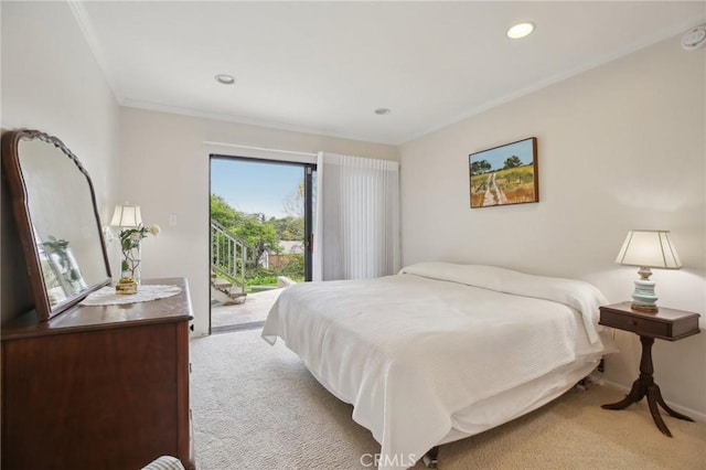 bedroom featuring light colored carpet, access to outside, crown molding, and recessed lighting
