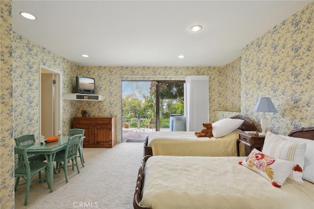 bedroom featuring access to outside, wallpapered walls, recessed lighting, and carpet flooring