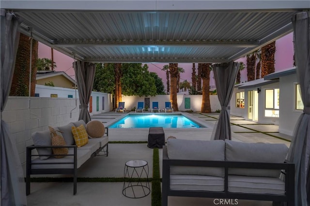 1657 S Sunrise Way, Palm Springs, CA 92264 - view of pool with an outdoor living space, a fenced in pool, a fenced backyard, and a patio area
