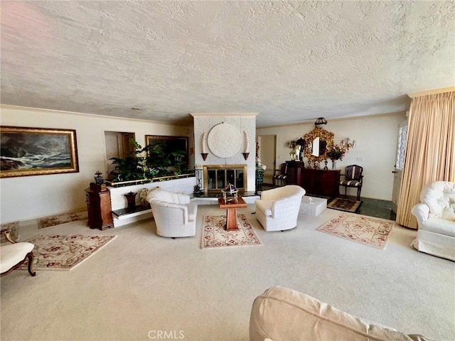 2117 Glenn St, Los Osos, CA 93402 - living area with carpet floors, a textured ceiling, and a fireplace