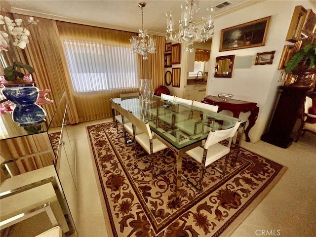 2117 Glenn St, Los Osos, CA 93402 - carpeted dining area with an inviting chandelier, visible vents, and crown molding