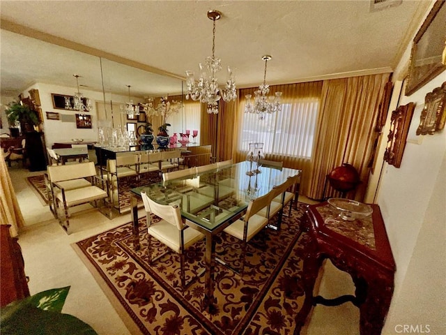 2117 Glenn St, Los Osos, CA 93402 - dining room featuring an inviting chandelier, a textured ceiling, and ornamental molding