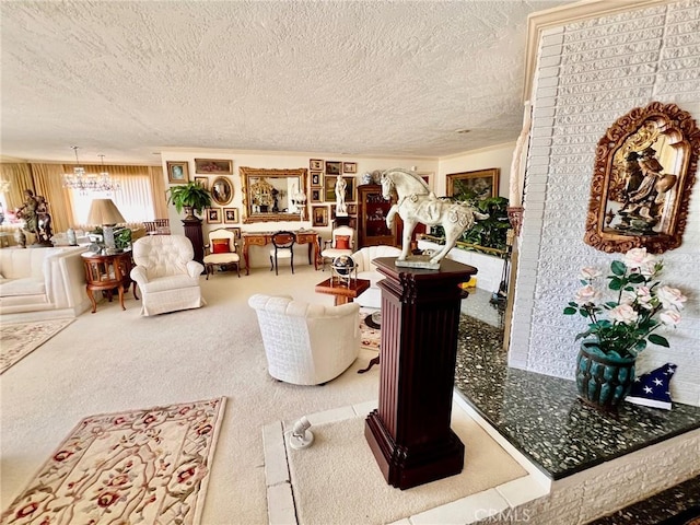 2117 Glenn St, Los Osos, CA 93402 - living area featuring a chandelier, a textured ceiling, and carpet floors