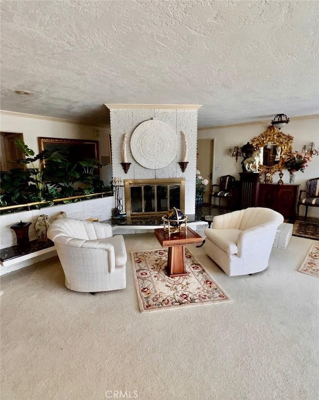 2117 Glenn St, Los Osos, CA 93402 - living room featuring carpet flooring, a textured ceiling, and a fireplace