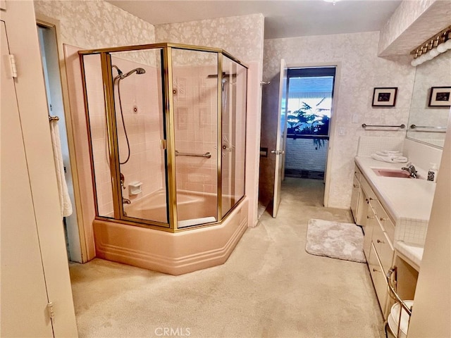 2117 Glenn St, Los Osos, CA 93402 - full bathroom with vanity, wallpapered walls, and enclosed tub / shower combo
