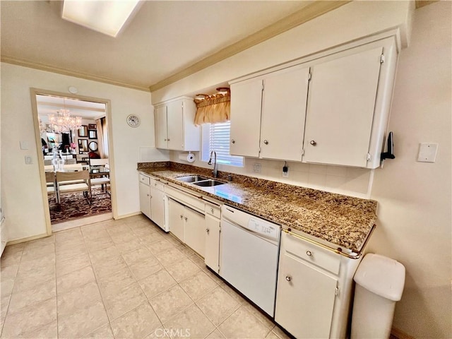 2117 Glenn St, Los Osos, CA 93402 - kitchen with dishwasher, a chandelier, white cabinetry, ornamental molding, and dark countertops
