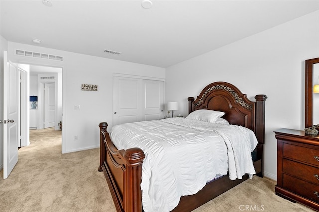 5053 Moon Eye Way, Hemet, CA 92545 - bedroom with light carpet, baseboards, visible vents, and a closet