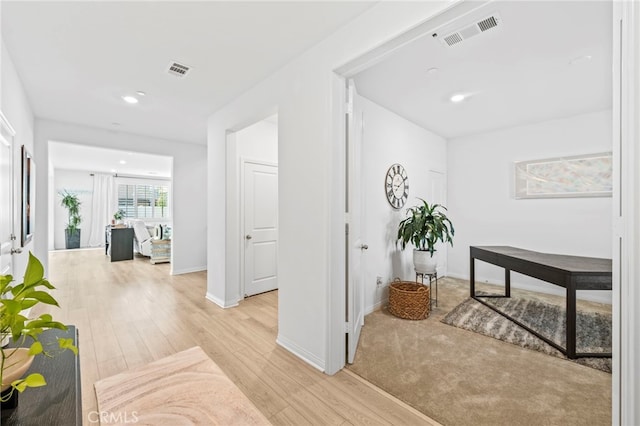 5053 Moon Eye Way, Hemet, CA 92545 - hall featuring baseboards, visible vents, light wood-style floors, and recessed lighting