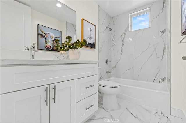 full bath with vanity, recessed lighting, toilet, bathtub / shower combination, and marble finish floor