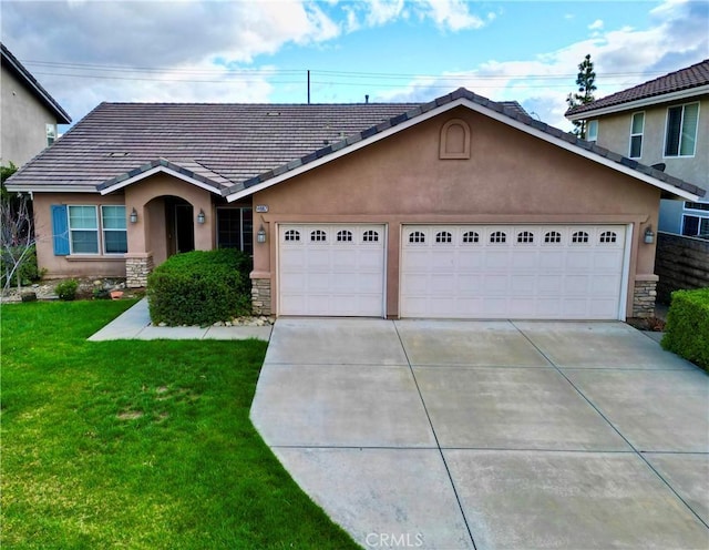 view of front of home featuring a front yard, a garage, stone siding, concrete driveway, and stucco siding