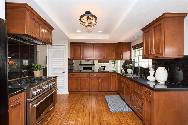 385 Park Ave, Long Beach, CA 90814 - kitchen featuring high end stove, dark countertops, a sink, a raised ceiling, and light wood-style floors