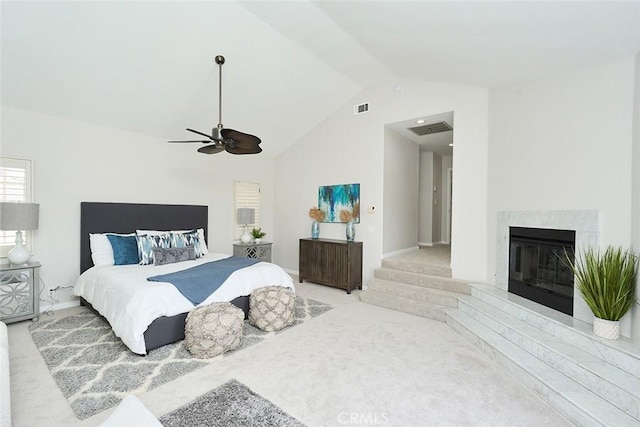 385 Park Ave, Long Beach, CA 90814 - bedroom with a premium fireplace, a ceiling fan, visible vents, and lofted ceiling