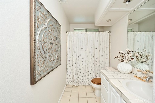 385 Park Ave, Long Beach, CA 90814 - bathroom featuring toilet, a shower with shower curtain, tile patterned flooring, and vanity