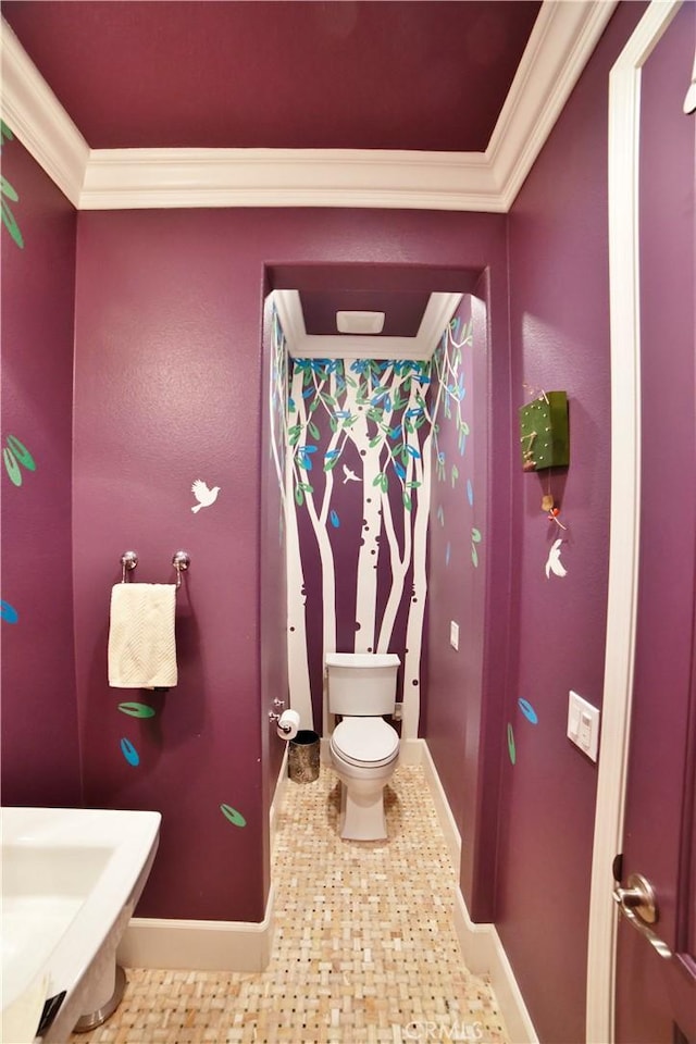 half bath with crown molding, baseboards, a sink, and toilet