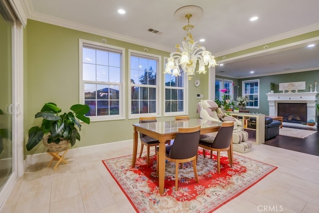 dining area featuring visible vents, recessed lighting, a chandelier, and ornamental molding