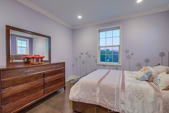 bedroom featuring dark wood-type flooring, crown molding, baseboards, and recessed lighting
