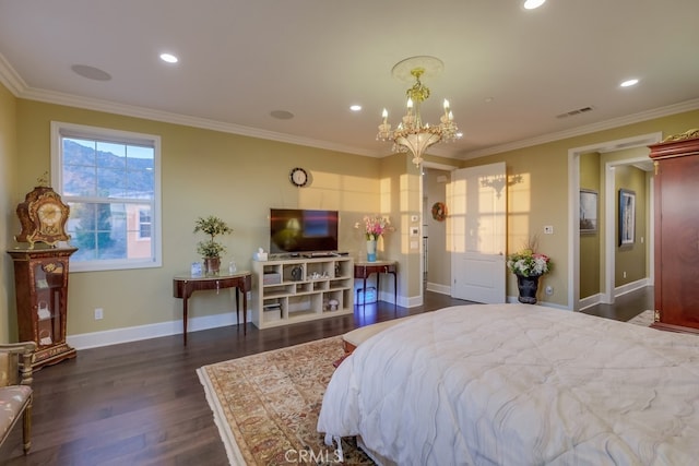 bedroom featuring recessed lighting, wood finished floors, visible vents, crown molding, and a notable chandelier