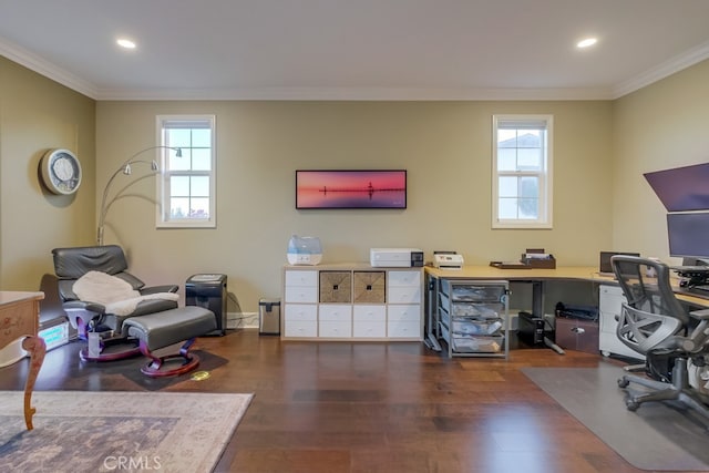 home office featuring wood finished floors, a wealth of natural light, and ornamental molding